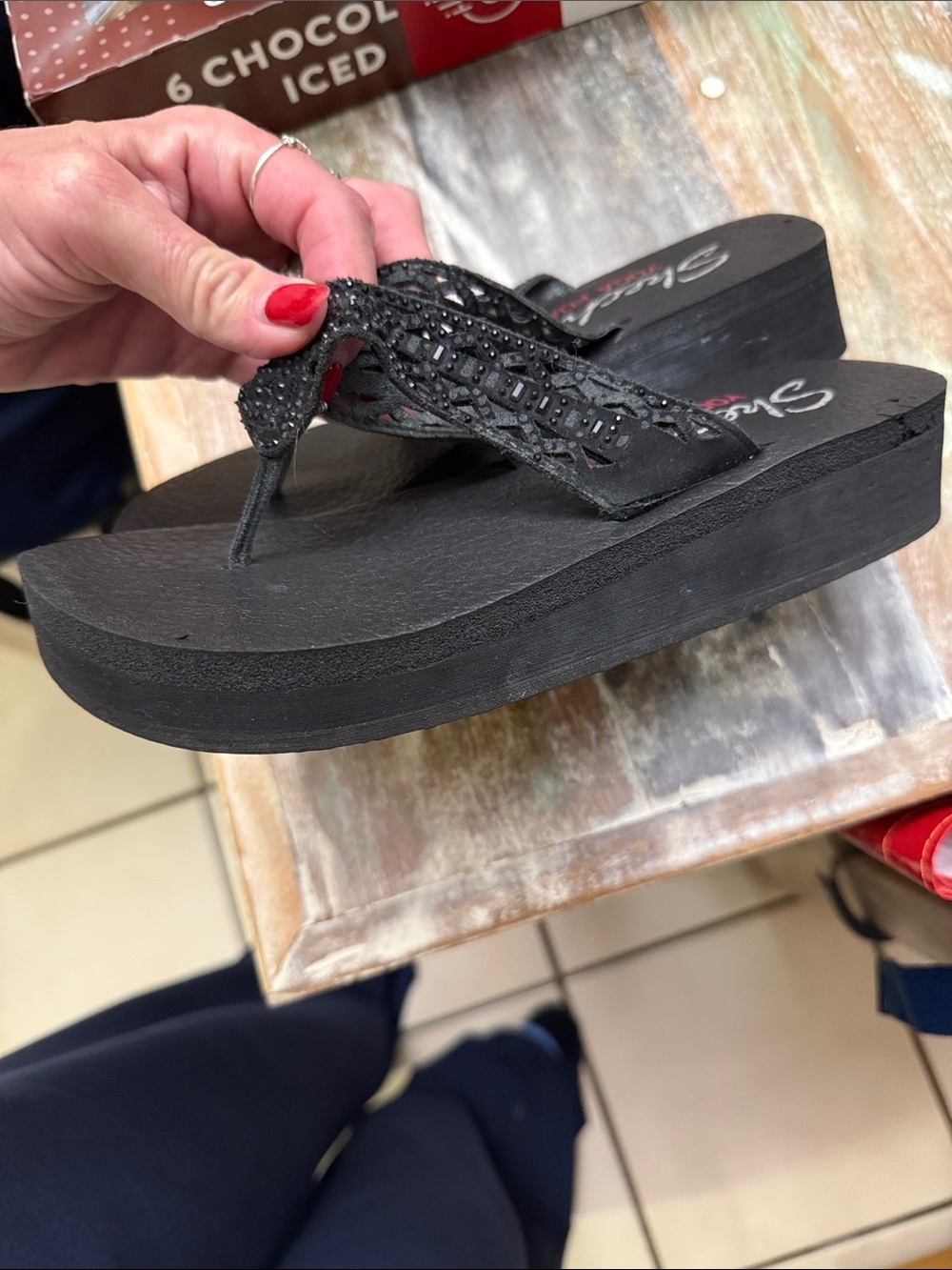 Skechers Black Beaded Platform Thong Sandals